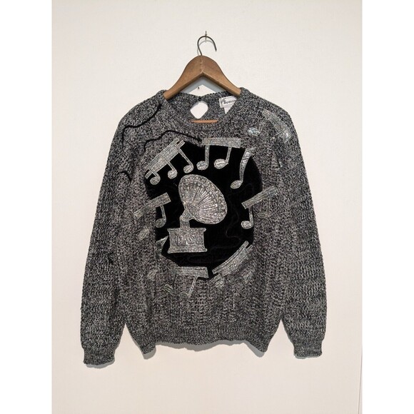 Vintage Spanner Imports Sweater Applique Velvet Music Theme Lurex   Beads M - Picture 1 of 6